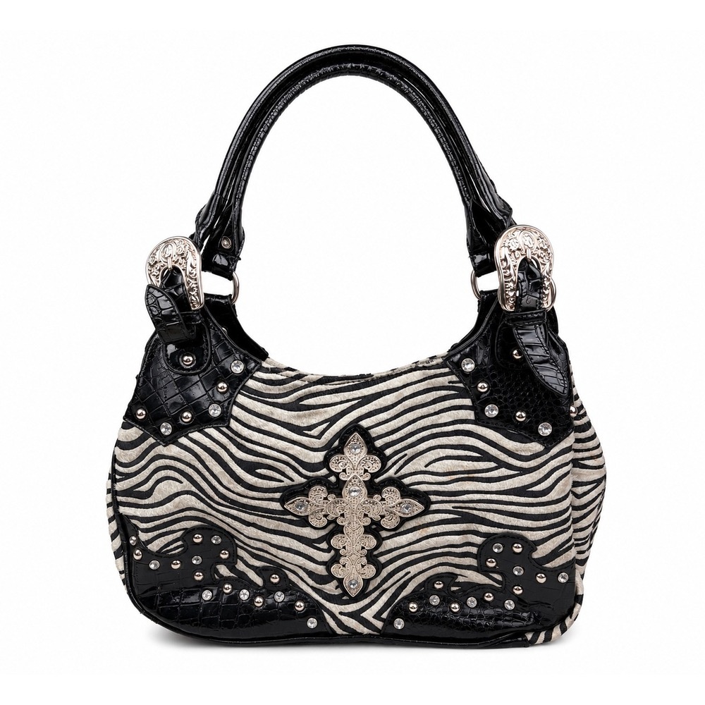 Western Cross Zebra Black Leather Vintage Y2K Studded Rhinestone Shoulder Bag